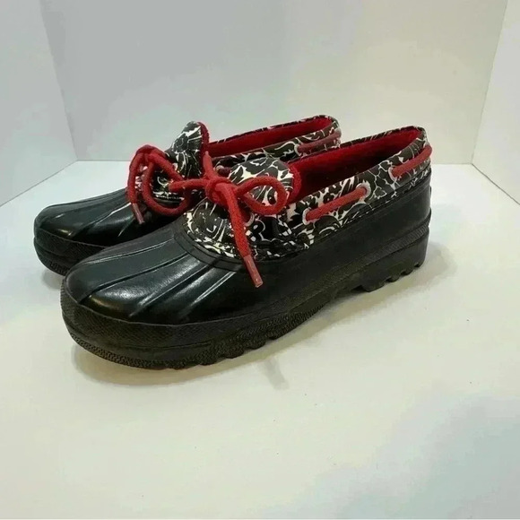 Sperry Shoes - Sperry Women’s Slip On Duck Boot Top Sider Size 6 Black White Floral Red Accents